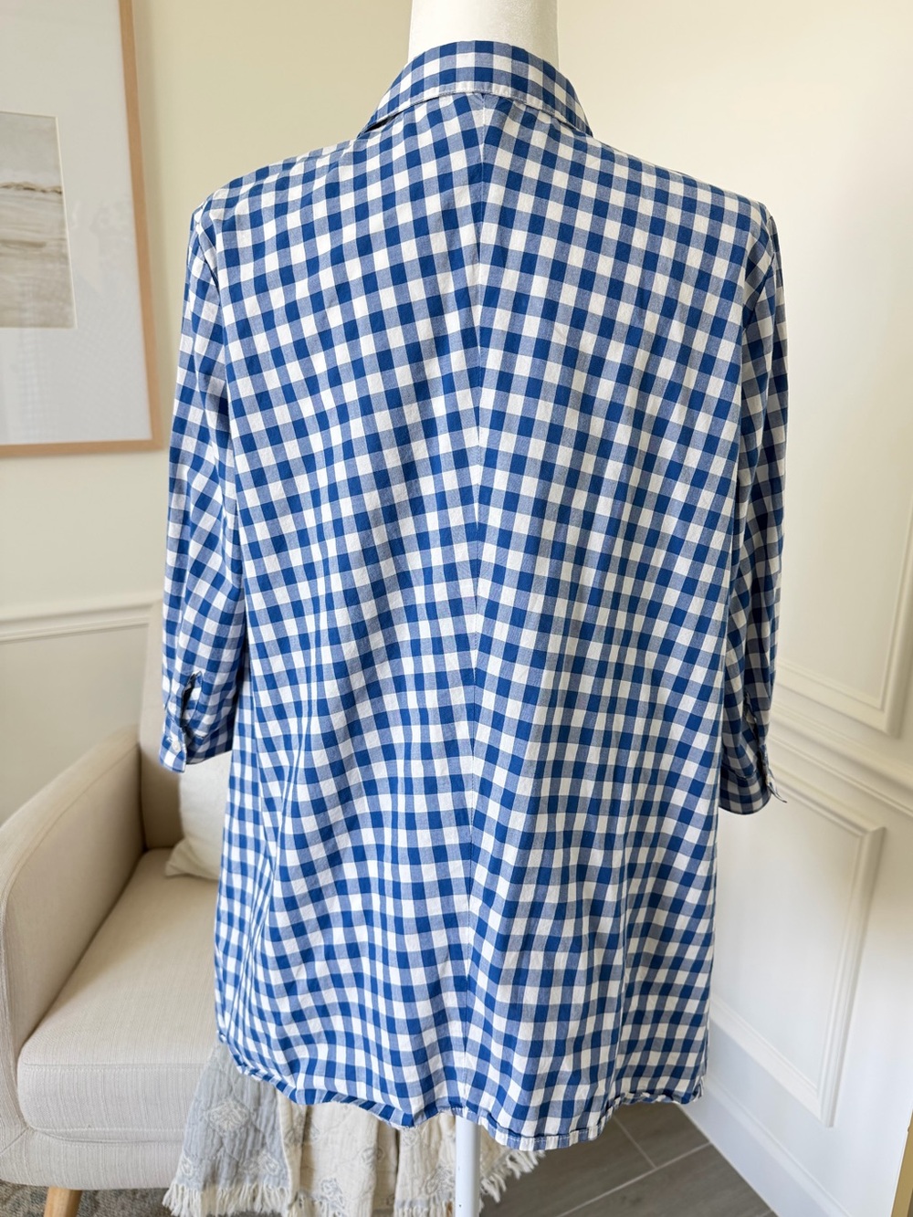 Anne Klein Blue Gingham Shirt Coastal Preppy Hamptons Chic Roll Tab Euro Summer - Picture 8 of 15